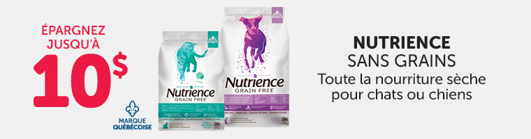 Épargnez jusqu'à 10$ sur toute la nourriture sèche Nutrience Sans Grains pour chats ou chiens. 