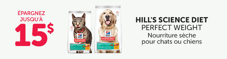 Épargnez jusqu'à 15$ sur la nourriture sèche Hill's Science Diet Perfect Weight pour chats ou chiens de formats sélectionnés.